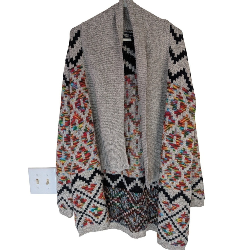 New Directions Cardigan Womens Medium Gray Aztec Southwestern Open Front Sweater